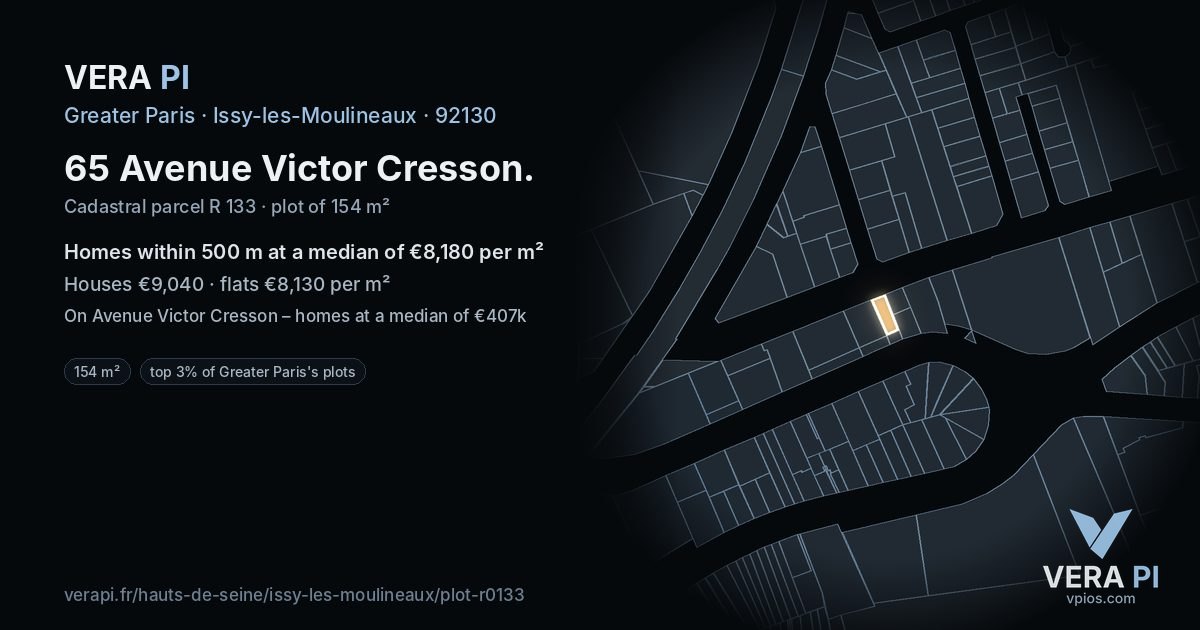 65 Avenue Victor Cresson, Issy-les-Moulineaux at night – the plot lit, the parcels around coloured by the prices near them
