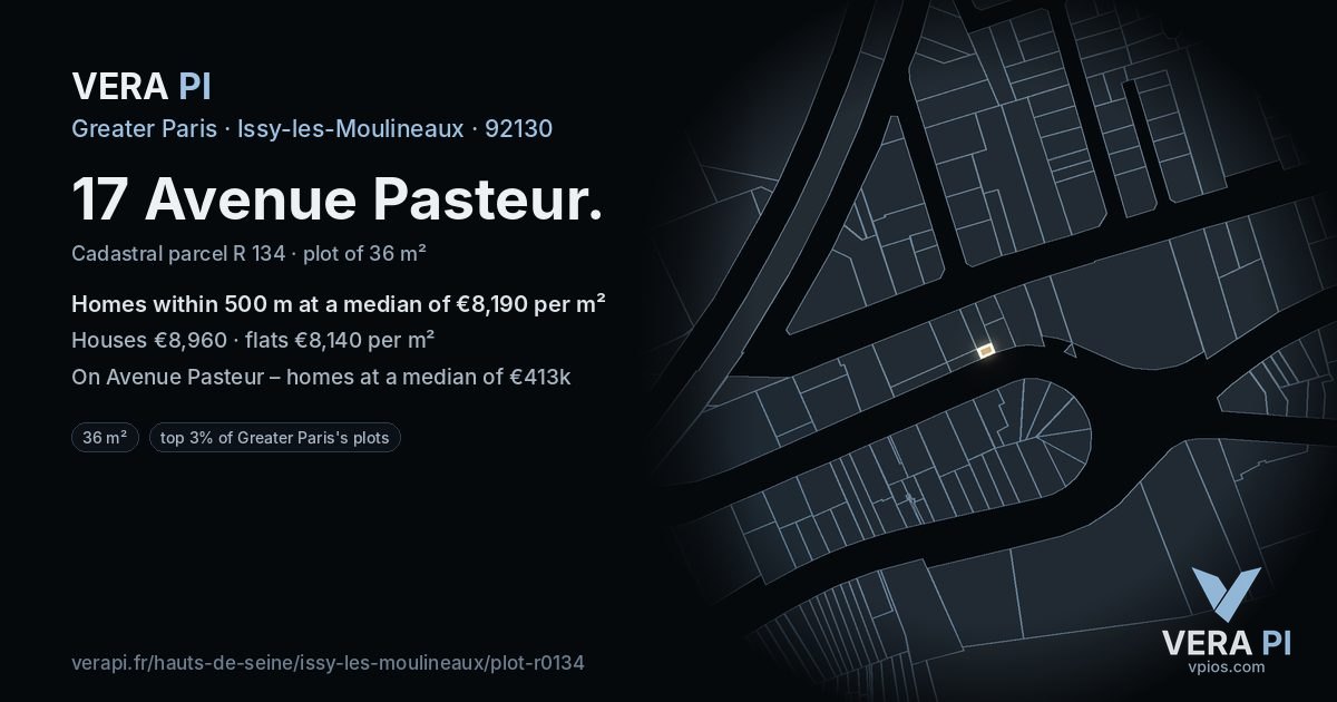 17 Avenue Pasteur, Issy-les-Moulineaux at night – the plot lit, the parcels around coloured by the prices near them