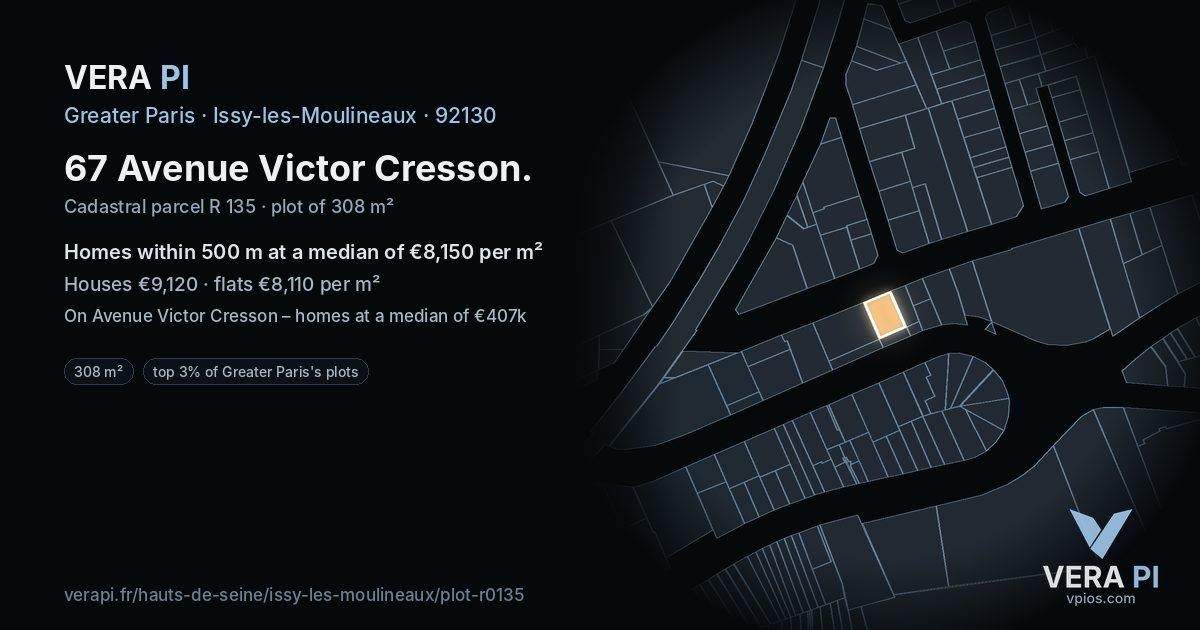67 Avenue Victor Cresson, Issy-les-Moulineaux at night – the plot lit, the parcels around coloured by the prices near them