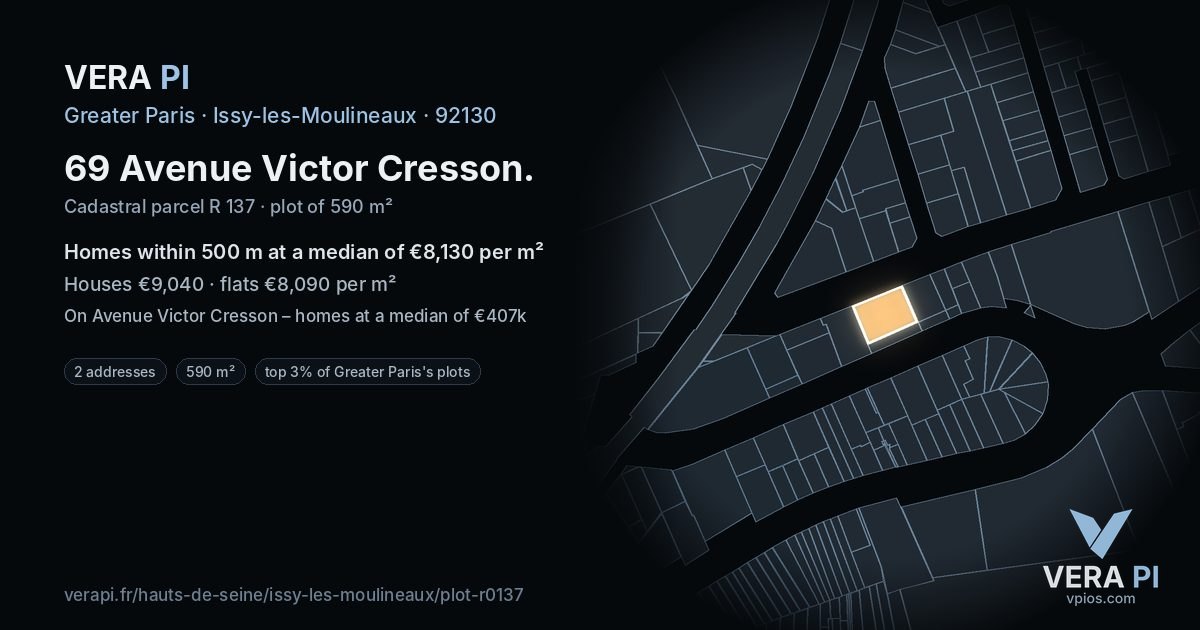 69 Avenue Victor Cresson, Issy-les-Moulineaux at night – the plot lit, the parcels around coloured by the prices near them