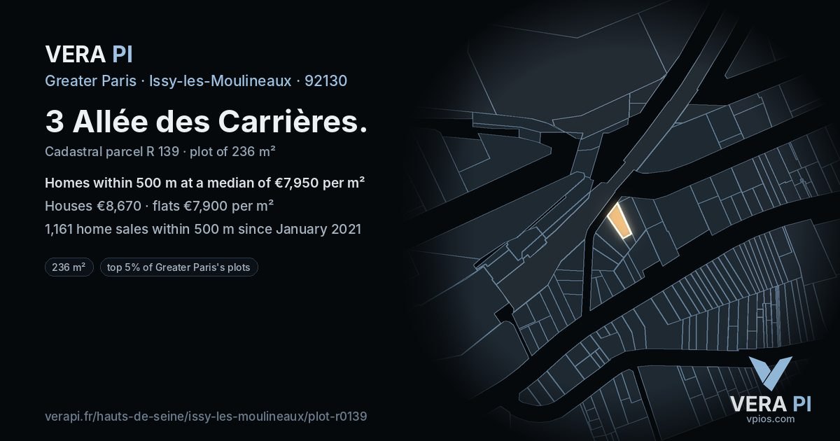 3 Allée des Carrières, Issy-les-Moulineaux at night – the plot lit, the parcels around coloured by the prices near them