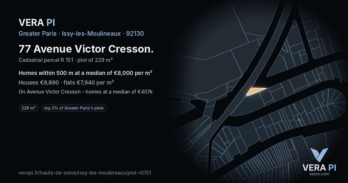 77 Avenue Victor Cresson, Issy-les-Moulineaux at night – the plot lit, the parcels around coloured by the prices near them