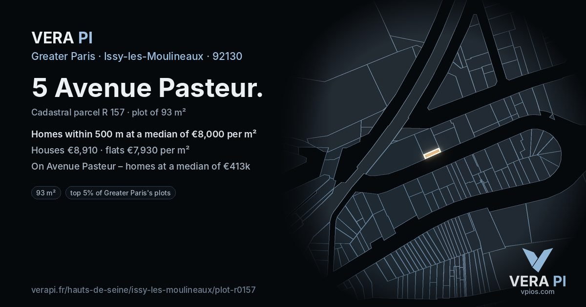 5 Avenue Pasteur, Issy-les-Moulineaux at night – the plot lit, the parcels around coloured by the prices near them