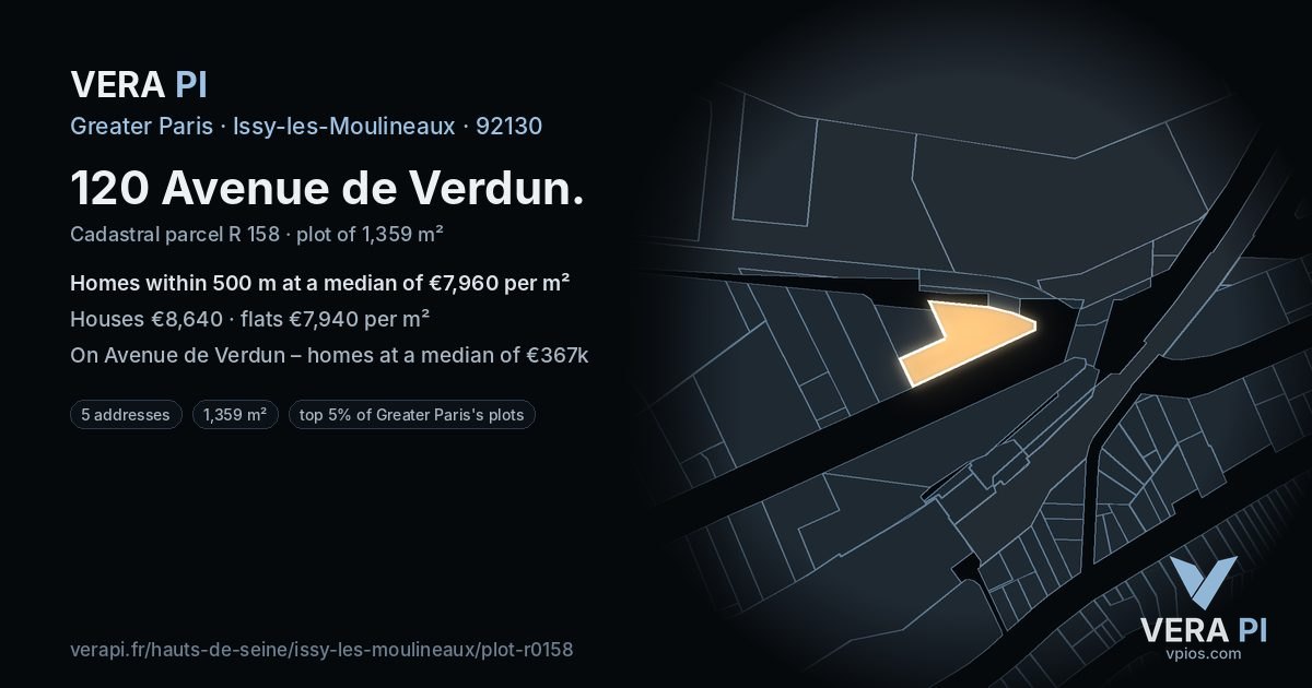 120 Avenue de Verdun, Issy-les-Moulineaux at night – the plot lit, the parcels around coloured by the prices near them