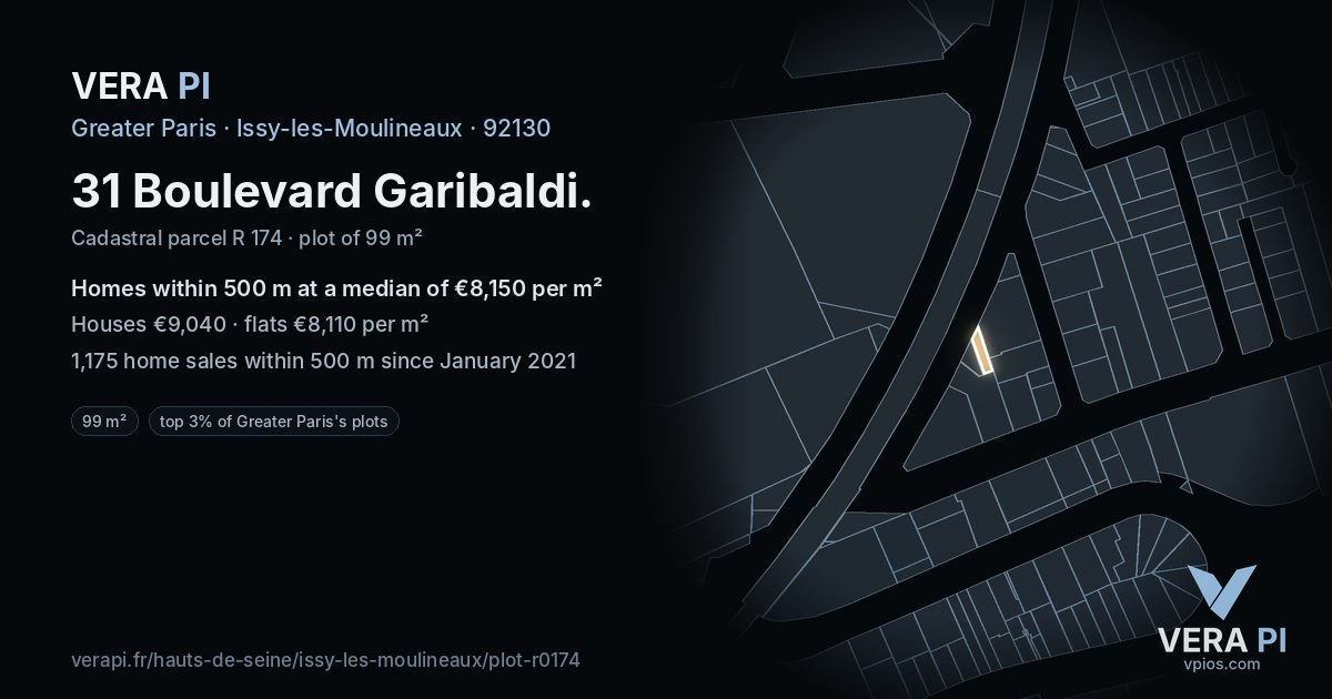31 Boulevard Garibaldi, Issy-les-Moulineaux at night – the plot lit, the parcels around coloured by the prices near them