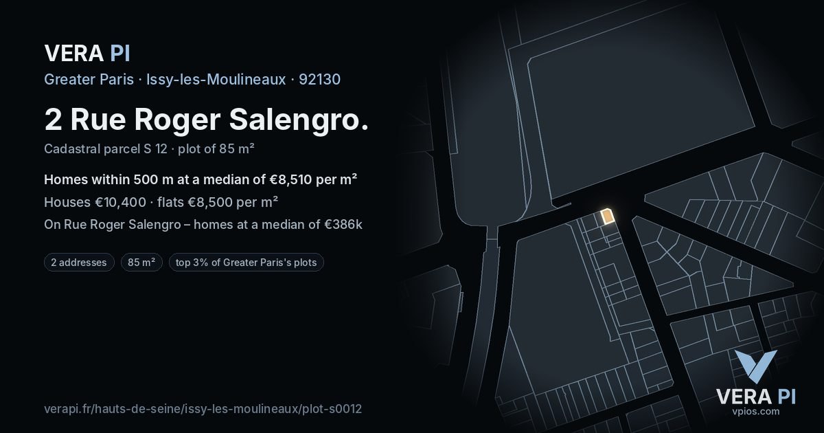 2 Rue Roger Salengro, Issy-les-Moulineaux at night – the plot lit, the parcels around coloured by the prices near them
