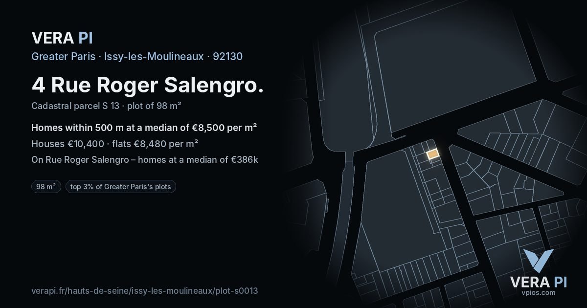 4 Rue Roger Salengro, Issy-les-Moulineaux at night – the plot lit, the parcels around coloured by the prices near them