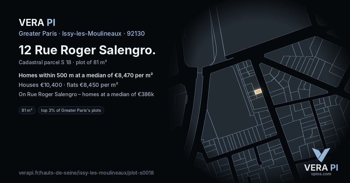 12 Rue Roger Salengro, Issy-les-Moulineaux at night – the plot lit, the parcels around coloured by the prices near them