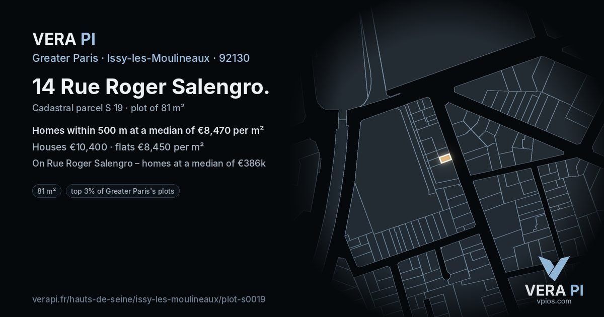 14 Rue Roger Salengro, Issy-les-Moulineaux at night – the plot lit, the parcels around coloured by the prices near them