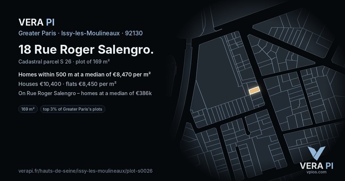 18 Rue Roger Salengro, Issy-les-Moulineaux at night – the plot lit, the parcels around coloured by the prices near them