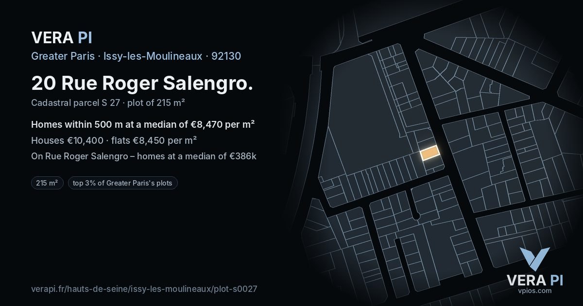 20 Rue Roger Salengro, Issy-les-Moulineaux at night – the plot lit, the parcels around coloured by the prices near them