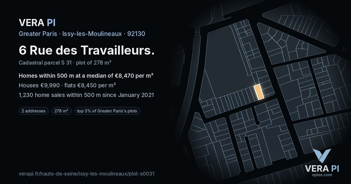 6 Rue des Travailleurs, Issy-les-Moulineaux at night – the plot lit, the parcels around coloured by the prices near them