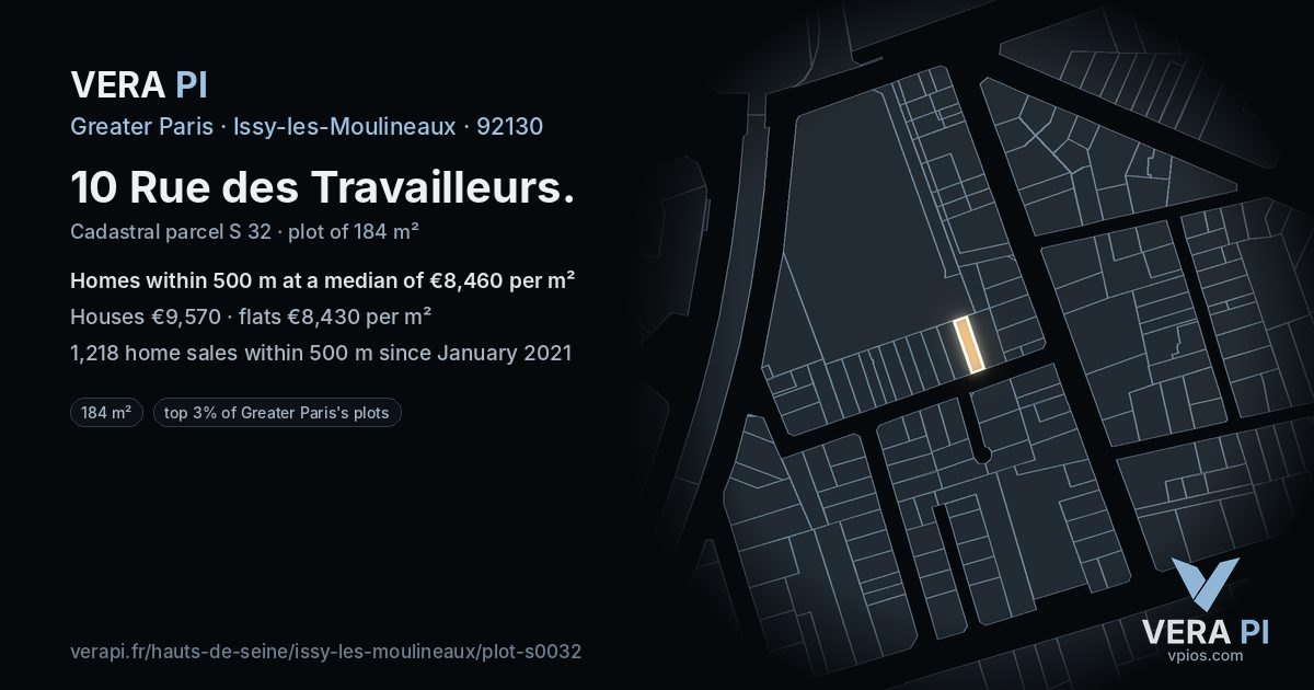 10 Rue des Travailleurs, Issy-les-Moulineaux at night – the plot lit, the parcels around coloured by the prices near them
