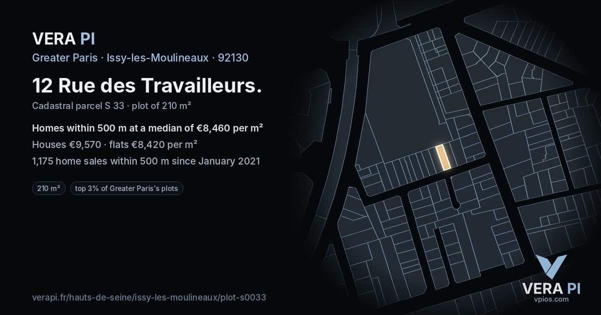 12 Rue des Travailleurs, Issy-les-Moulineaux at night – the plot lit, the parcels around coloured by the prices near them