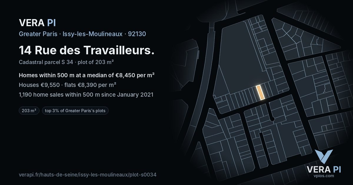 14 Rue des Travailleurs, Issy-les-Moulineaux at night – the plot lit, the parcels around coloured by the prices near them