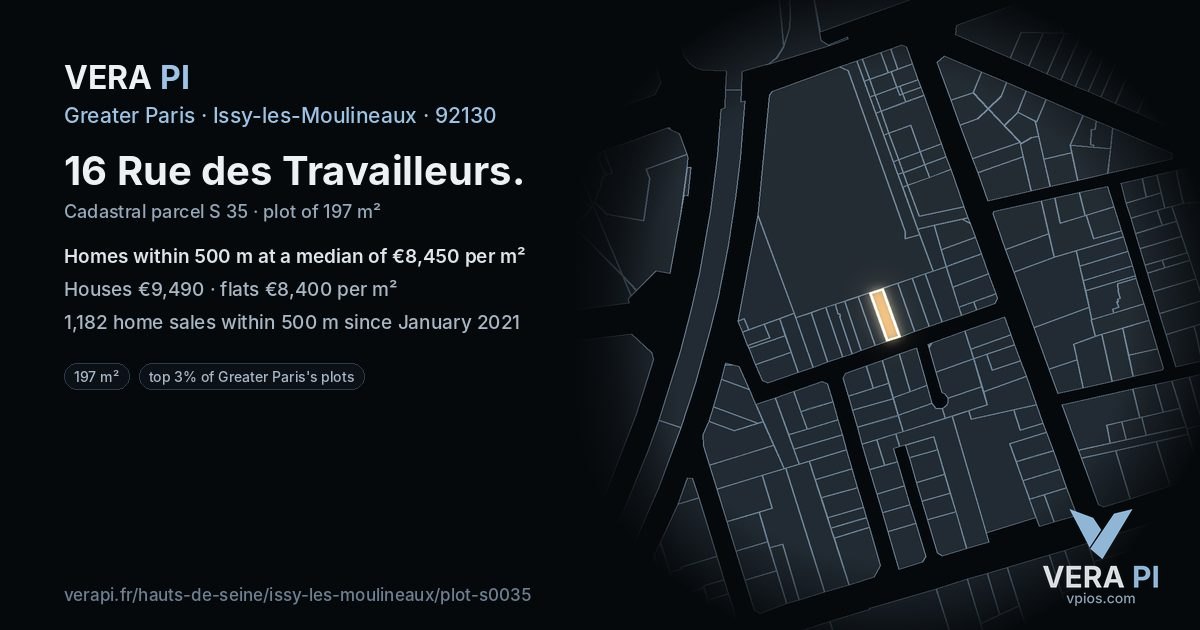 16 Rue des Travailleurs, Issy-les-Moulineaux at night – the plot lit, the parcels around coloured by the prices near them
