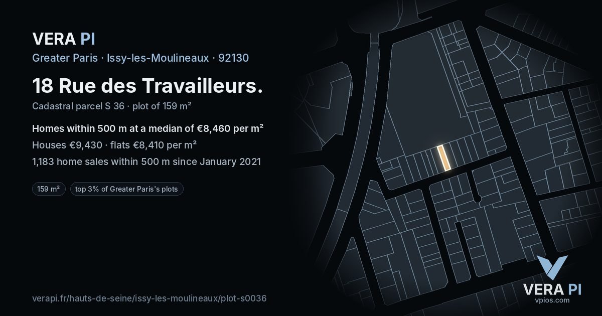 18 Rue des Travailleurs, Issy-les-Moulineaux at night – the plot lit, the parcels around coloured by the prices near them