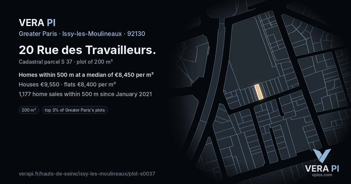 20 Rue des Travailleurs, Issy-les-Moulineaux at night – the plot lit, the parcels around coloured by the prices near them