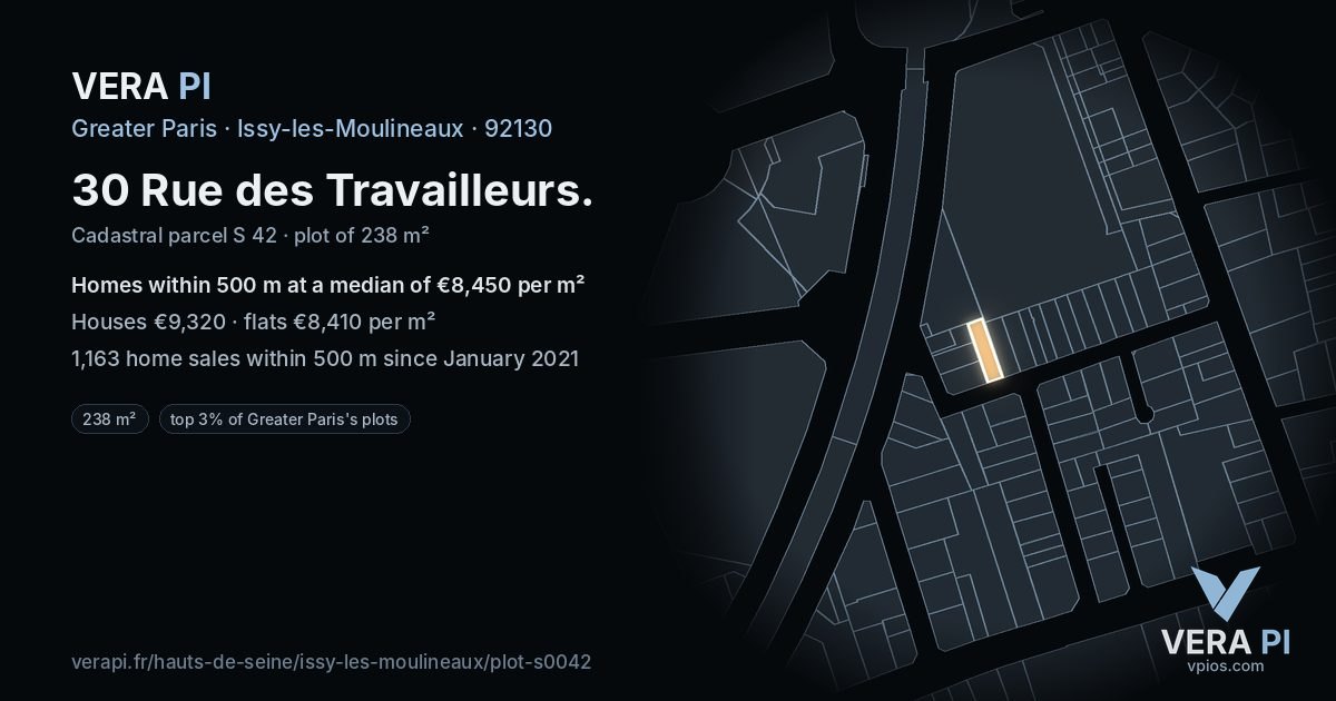 30 Rue des Travailleurs, Issy-les-Moulineaux at night – the plot lit, the parcels around coloured by the prices near them