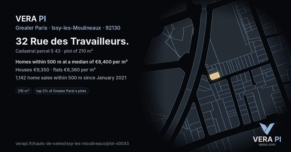 32 Rue des Travailleurs, Issy-les-Moulineaux at night – the plot lit, the parcels around coloured by the prices near them