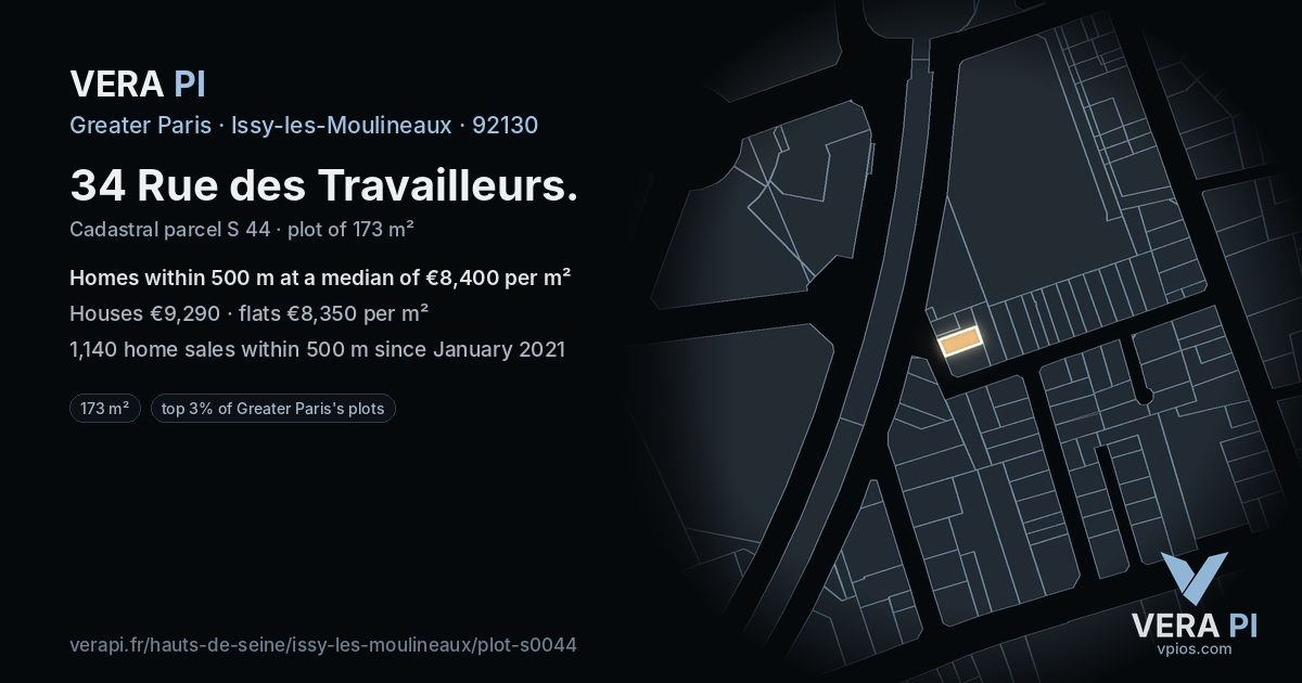 34 Rue des Travailleurs, Issy-les-Moulineaux at night – the plot lit, the parcels around coloured by the prices near them