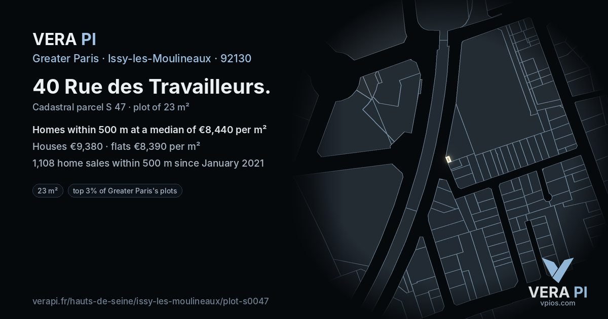 40 Rue des Travailleurs, Issy-les-Moulineaux at night – the plot lit, the parcels around coloured by the prices near them