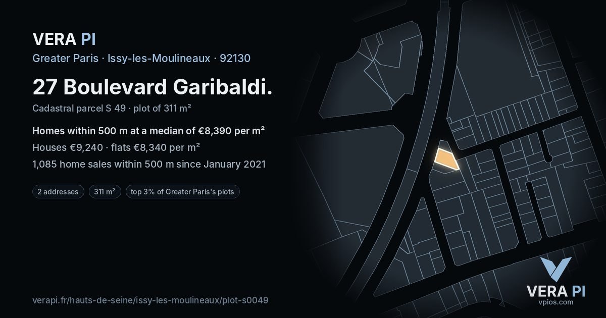 27 Boulevard Garibaldi, Issy-les-Moulineaux at night – the plot lit, the parcels around coloured by the prices near them