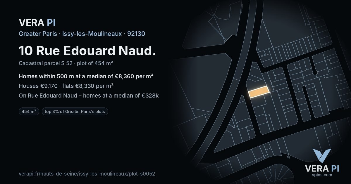 10 Rue Edouard Naud, Issy-les-Moulineaux at night – the plot lit, the parcels around coloured by the prices near them