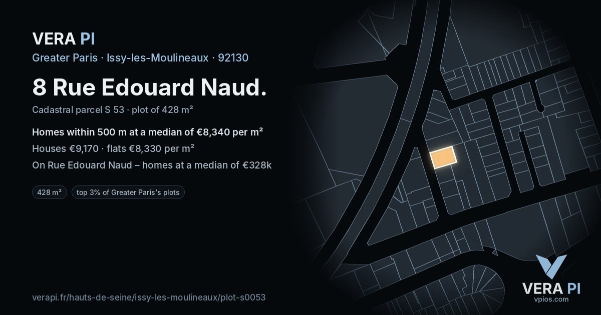 8 Rue Edouard Naud, Issy-les-Moulineaux at night – the plot lit, the parcels around coloured by the prices near them