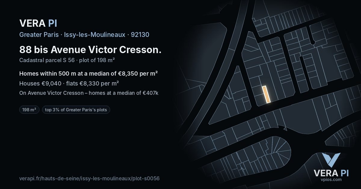 88 bis Avenue Victor Cresson, Issy-les-Moulineaux at night – the plot lit, the parcels around coloured by the prices near them