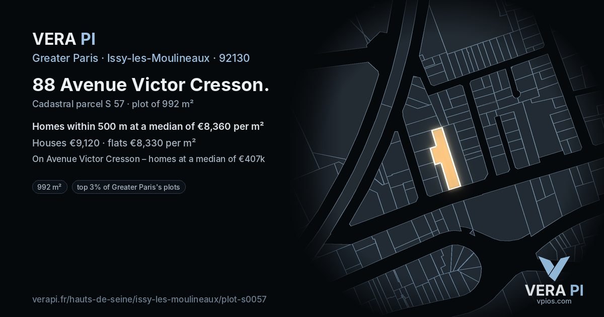 88 Avenue Victor Cresson, Issy-les-Moulineaux at night – the plot lit, the parcels around coloured by the prices near them