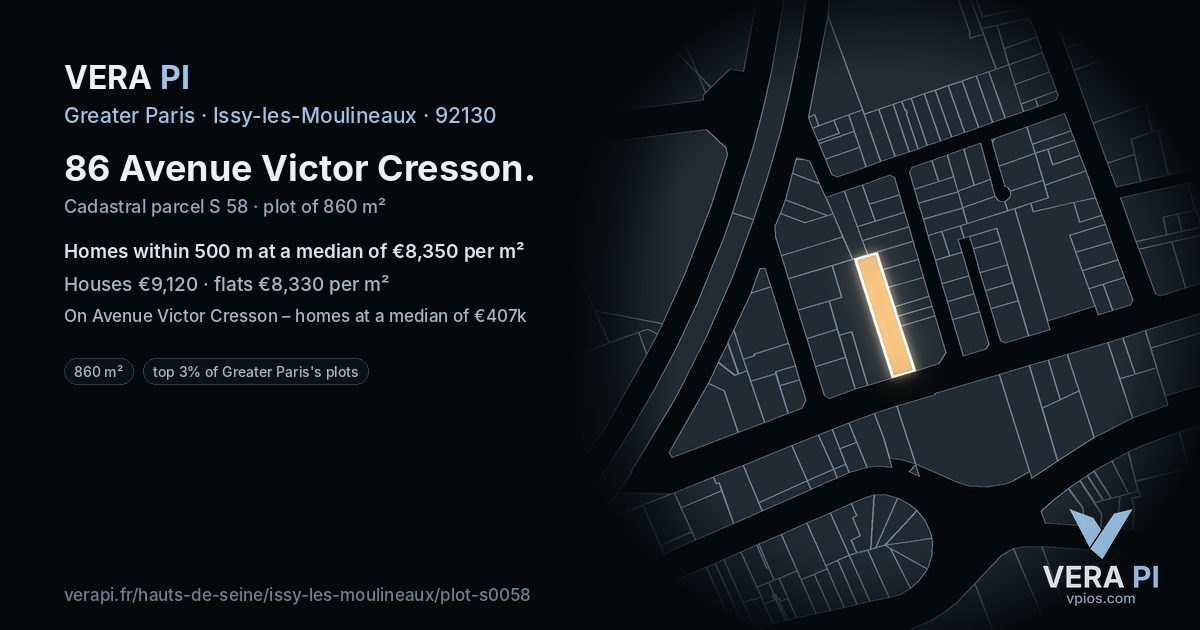 86 Avenue Victor Cresson, Issy-les-Moulineaux at night – the plot lit, the parcels around coloured by the prices near them