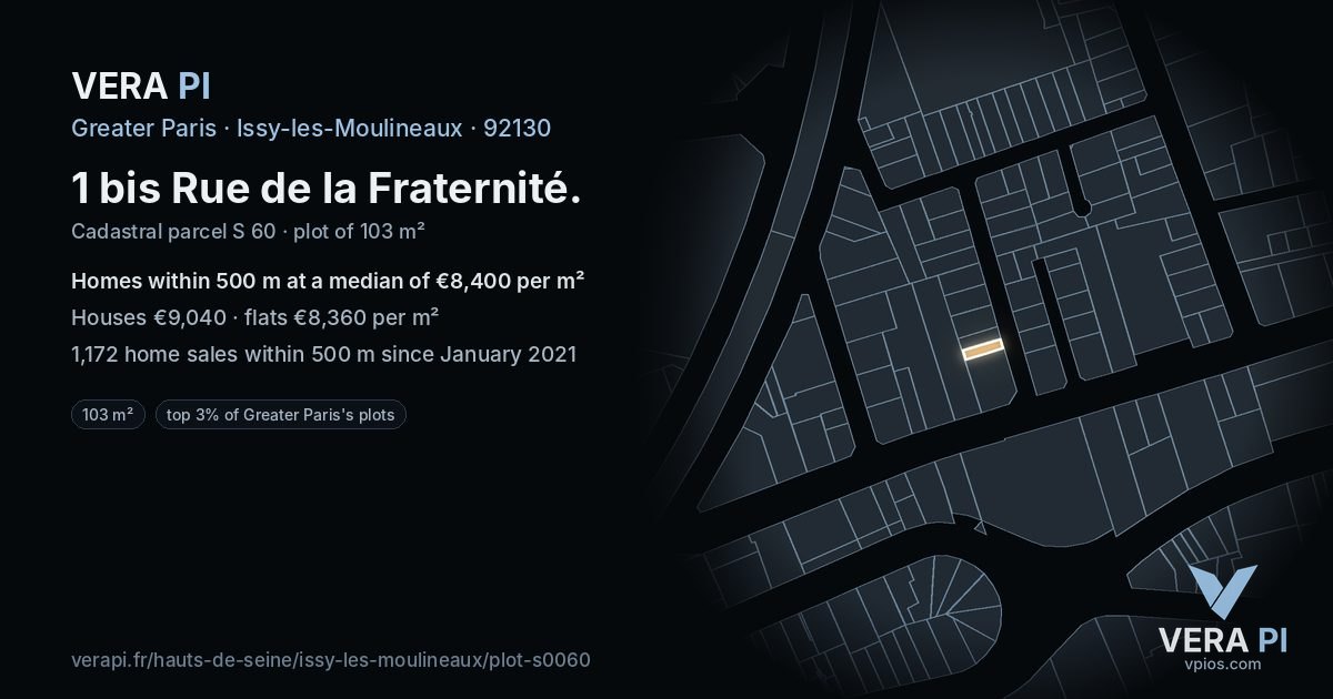 1 bis Rue de la Fraternité, Issy-les-Moulineaux at night – the plot lit, the parcels around coloured by the prices near them