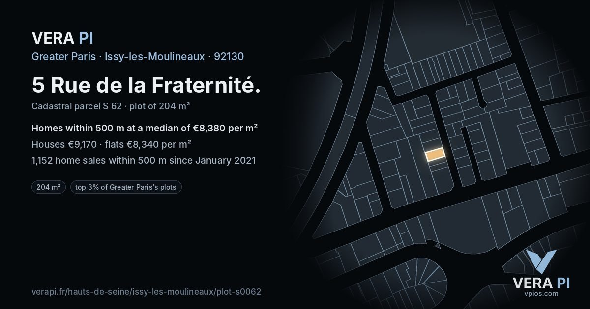 5 Rue de la Fraternité, Issy-les-Moulineaux at night – the plot lit, the parcels around coloured by the prices near them