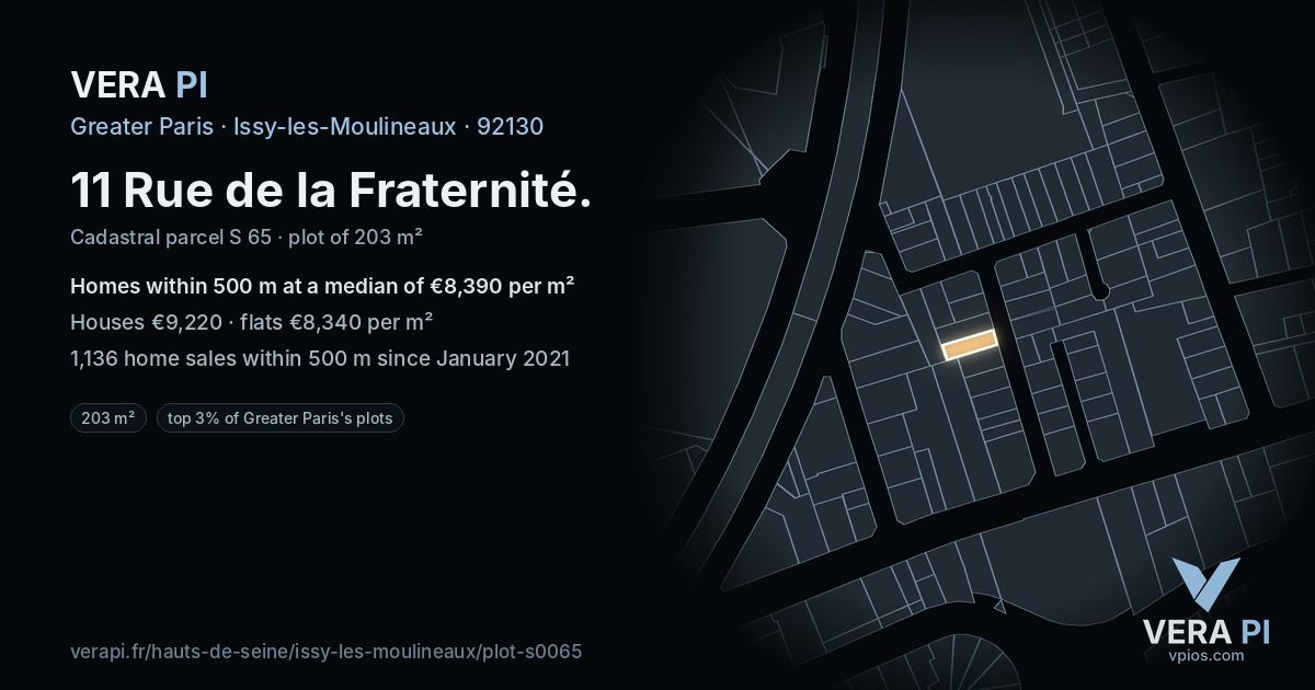 11 Rue de la Fraternité, Issy-les-Moulineaux at night – the plot lit, the parcels around coloured by the prices near them