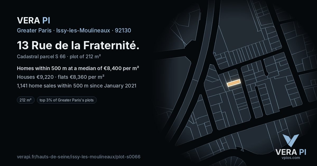13 Rue de la Fraternité, Issy-les-Moulineaux at night – the plot lit, the parcels around coloured by the prices near them