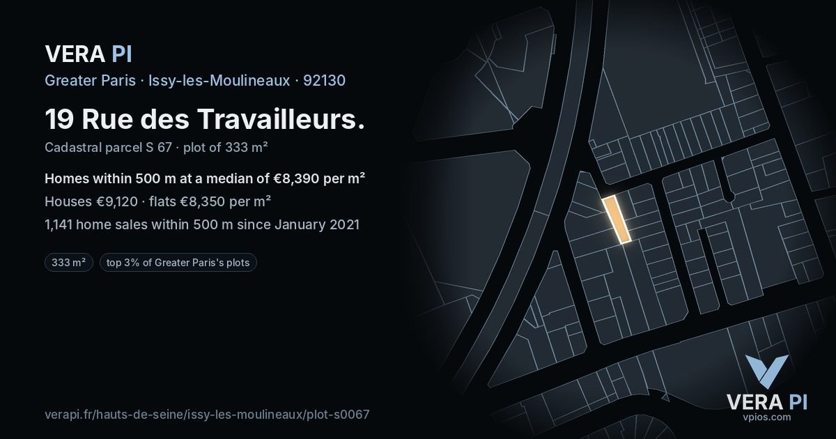 19 Rue des Travailleurs, Issy-les-Moulineaux at night – the plot lit, the parcels around coloured by the prices near them