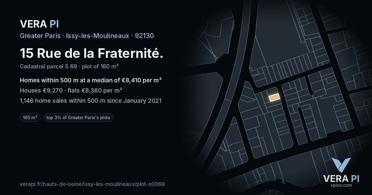 15 Rue de la Fraternité, Issy-les-Moulineaux at night – the plot lit, the parcels around coloured by the prices near them