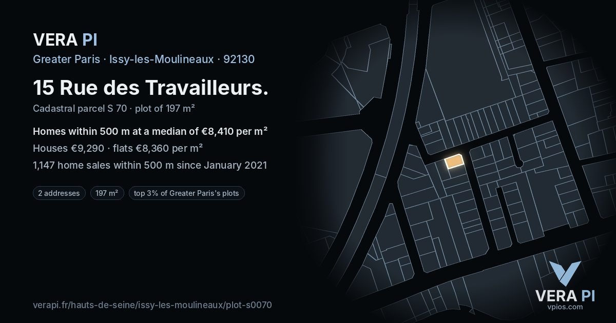 15 Rue des Travailleurs, Issy-les-Moulineaux at night – the plot lit, the parcels around coloured by the prices near them