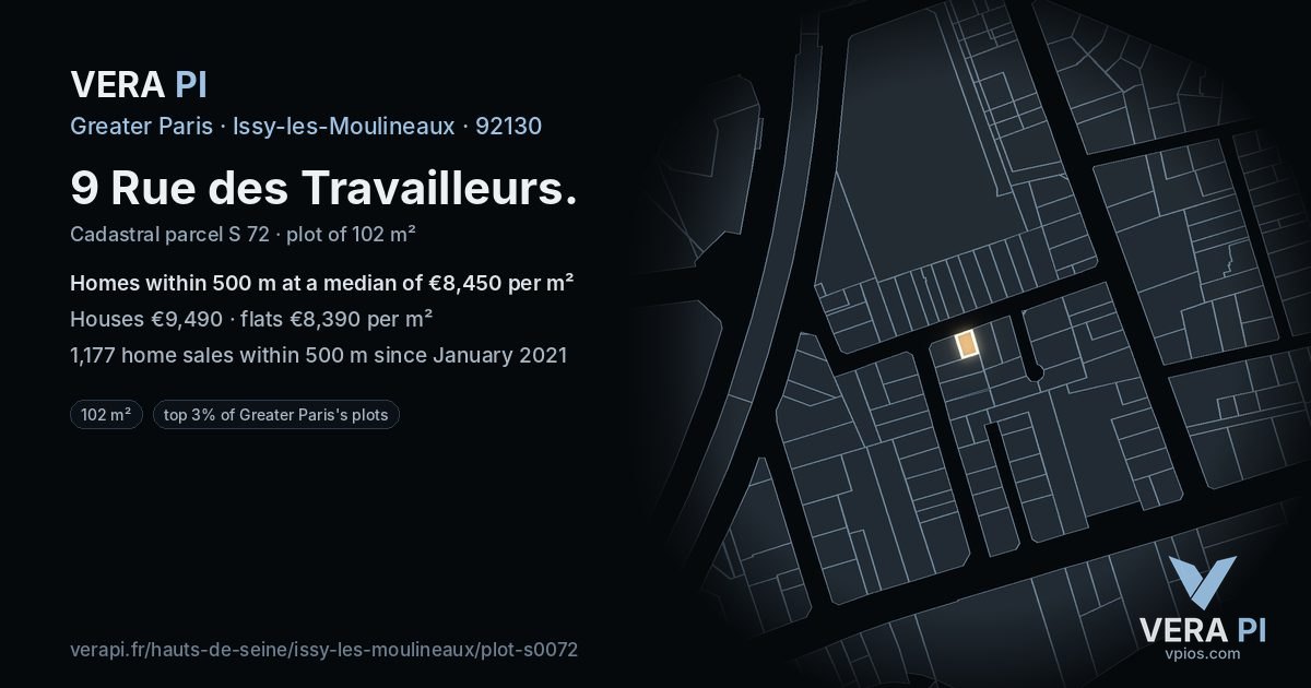 9 Rue des Travailleurs, Issy-les-Moulineaux at night – the plot lit, the parcels around coloured by the prices near them