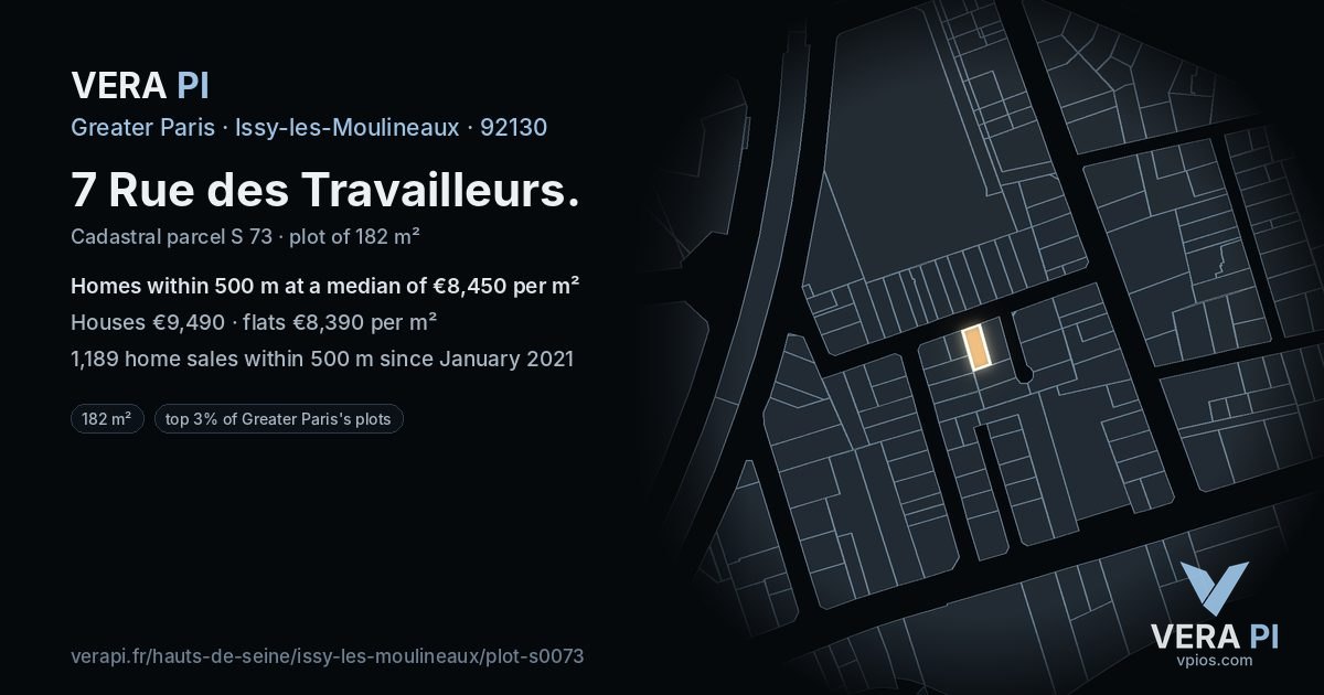 7 Rue des Travailleurs, Issy-les-Moulineaux at night – the plot lit, the parcels around coloured by the prices near them