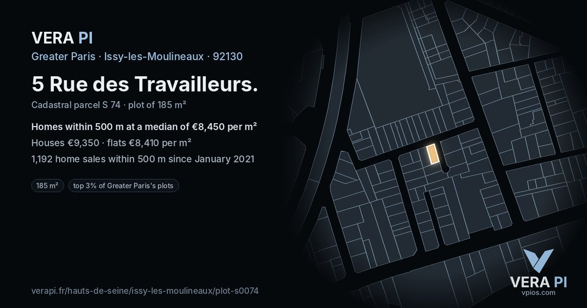 5 Rue des Travailleurs, Issy-les-Moulineaux at night – the plot lit, the parcels around coloured by the prices near them