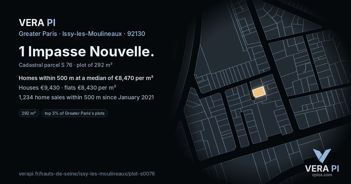 1 Impasse Nouvelle, Issy-les-Moulineaux at night – the plot lit, the parcels around coloured by the prices near them