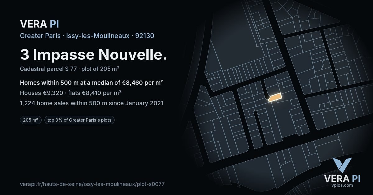3 Impasse Nouvelle, Issy-les-Moulineaux at night – the plot lit, the parcels around coloured by the prices near them