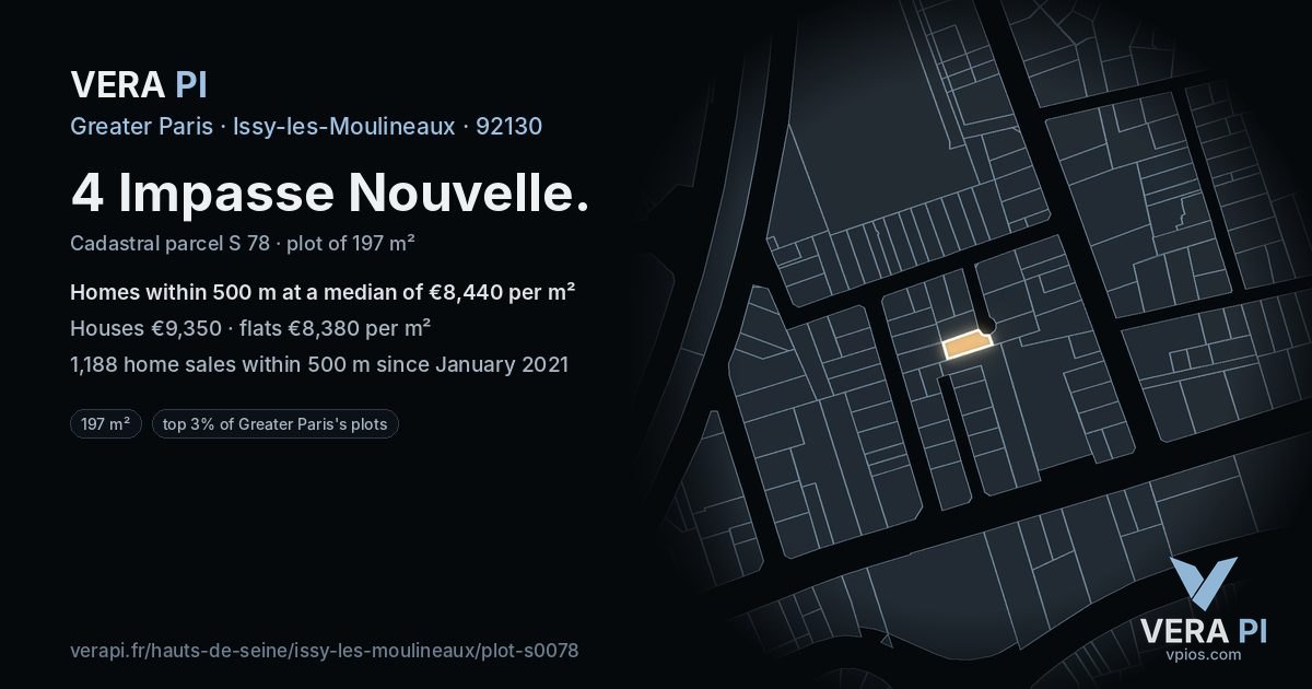 4 Impasse Nouvelle, Issy-les-Moulineaux at night – the plot lit, the parcels around coloured by the prices near them
