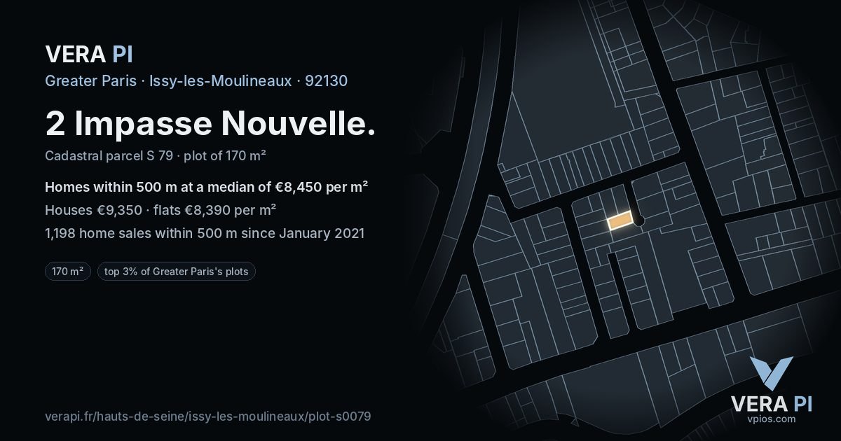 2 Impasse Nouvelle, Issy-les-Moulineaux at night – the plot lit, the parcels around coloured by the prices near them