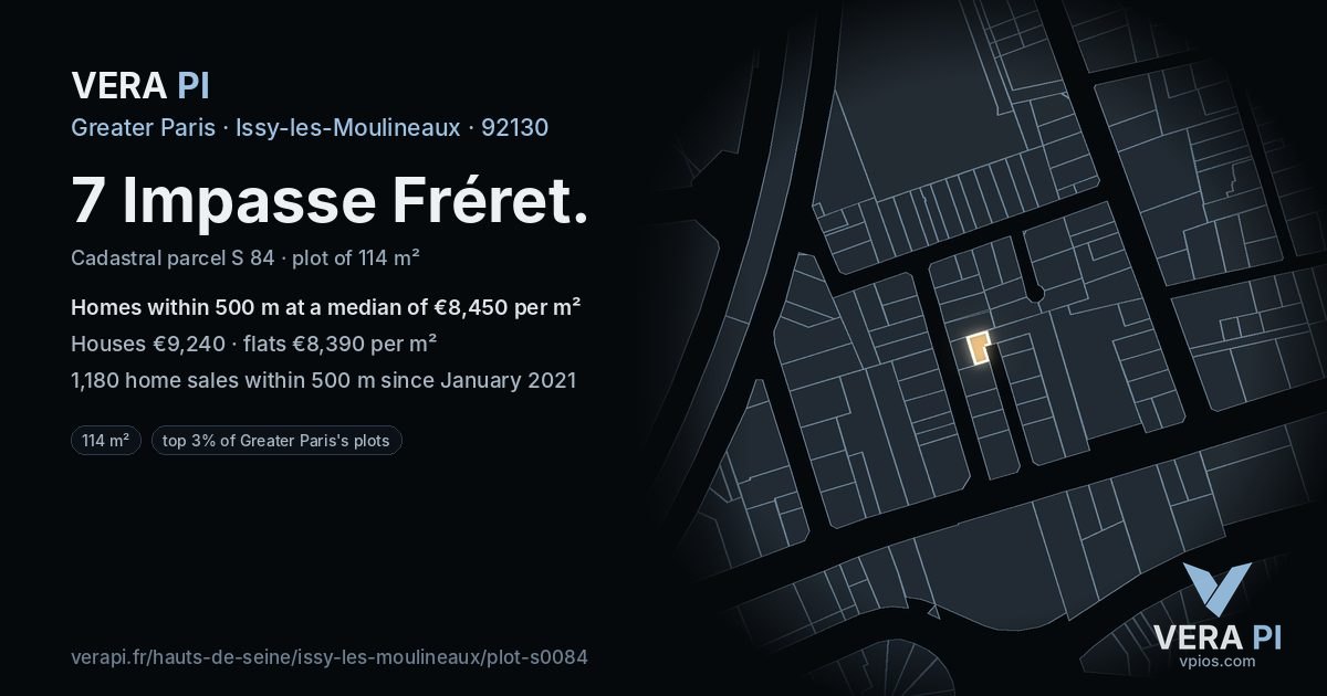 7 Impasse Fréret, Issy-les-Moulineaux at night – the plot lit, the parcels around coloured by the prices near them