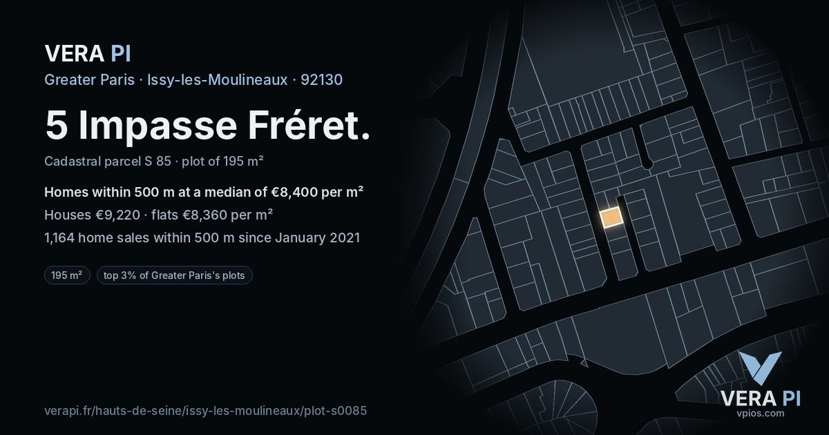 5 Impasse Fréret, Issy-les-Moulineaux at night – the plot lit, the parcels around coloured by the prices near them