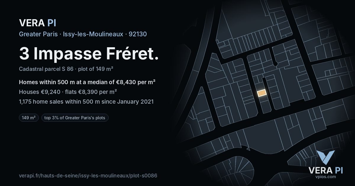 3 Impasse Fréret, Issy-les-Moulineaux at night – the plot lit, the parcels around coloured by the prices near them