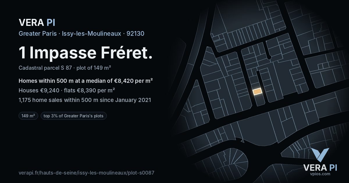 1 Impasse Fréret, Issy-les-Moulineaux at night – the plot lit, the parcels around coloured by the prices near them